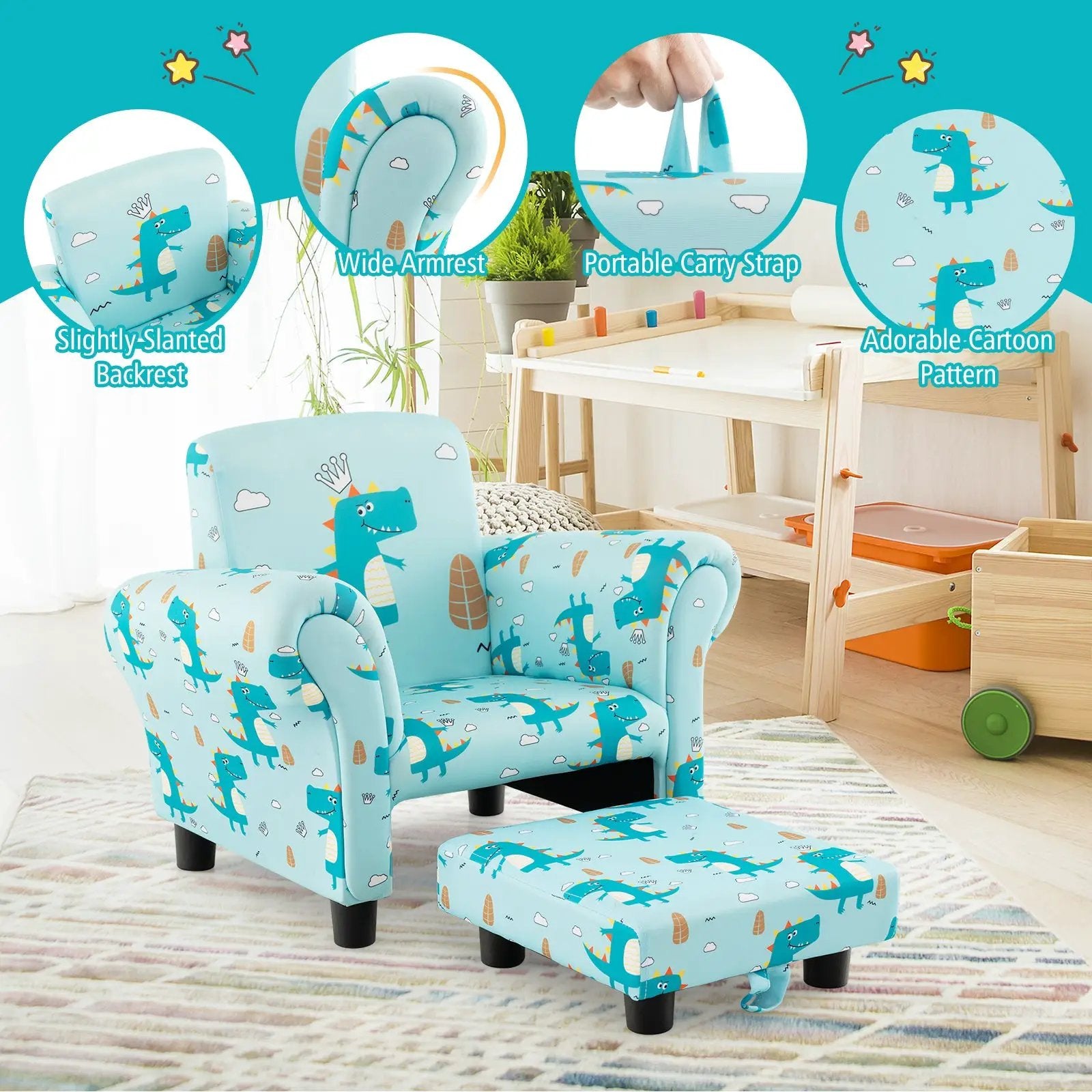 Kids Single Sofa with Cute Patterns Ergonomic Backrest and Armrests by DirectDeals