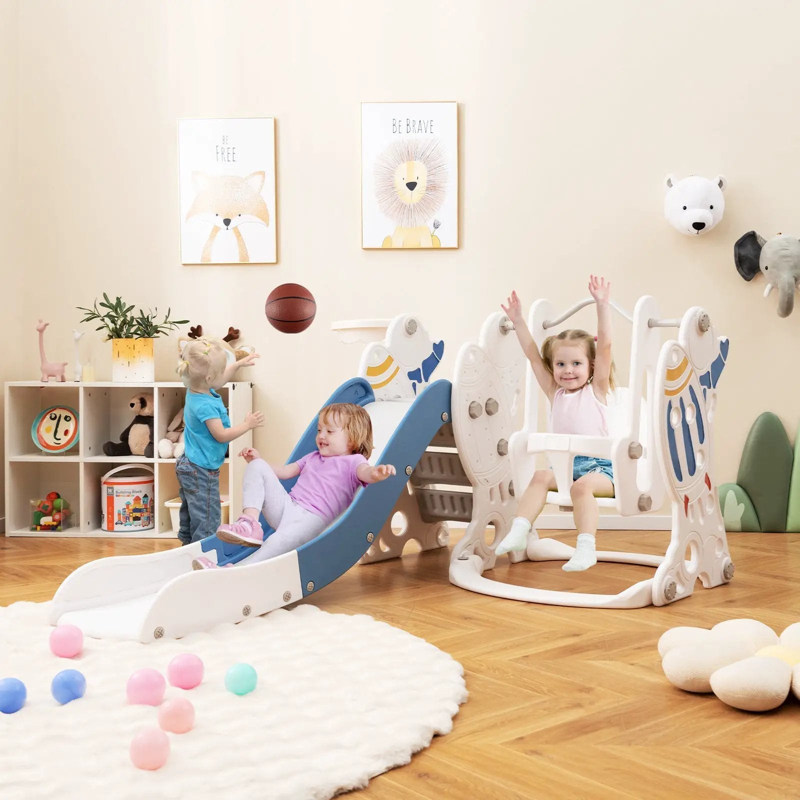 4-in-1 Kids Slide and Swing Set with Basketball Hoop by DirectDeals