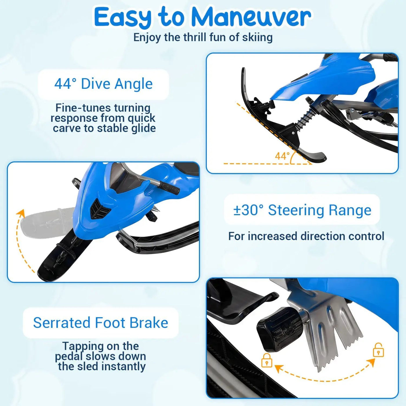Snow Racer Sled with Brakes and Steering Handle for Kids by DirectDeals
