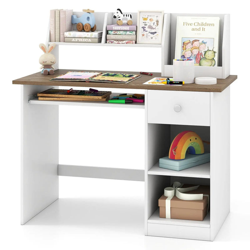 Kids Study Desk Children Writing Table with Hutch Drawer Shelves and Keyboard Tray-White by DirectDeals