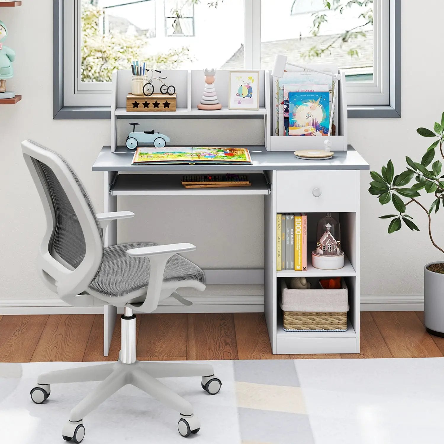 Kids Study Desk with Hutch, Drawer & Shelves by DirectDeals