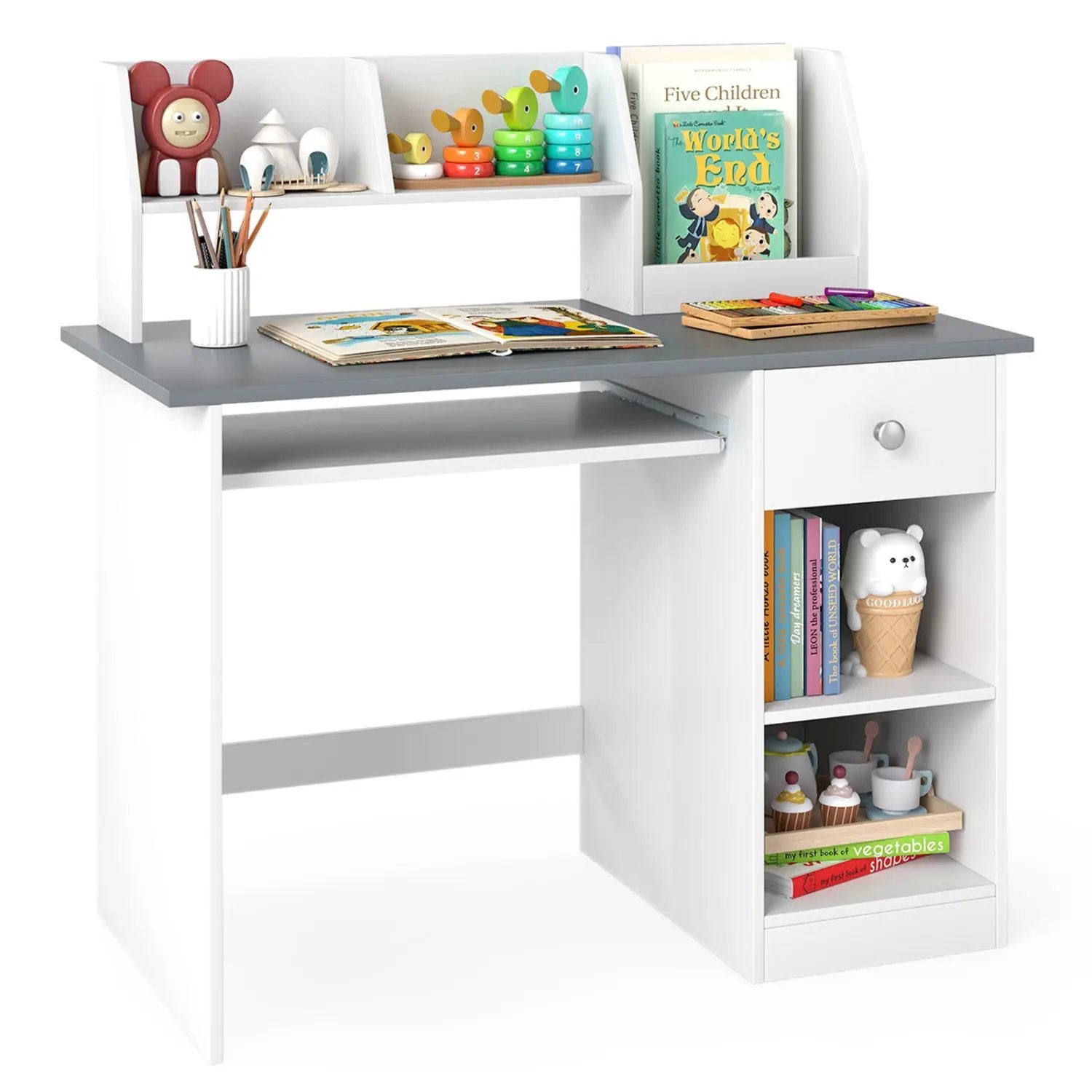 Kids Study Desk with Hutch, Drawer & Shelves by DirectDeals