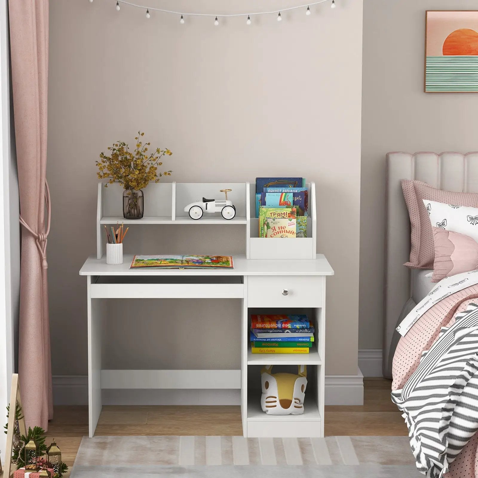 Kids Study Desk Children Writing Table with Hutch Drawer Shelves and Keyboard Tray-White by DirectDeals