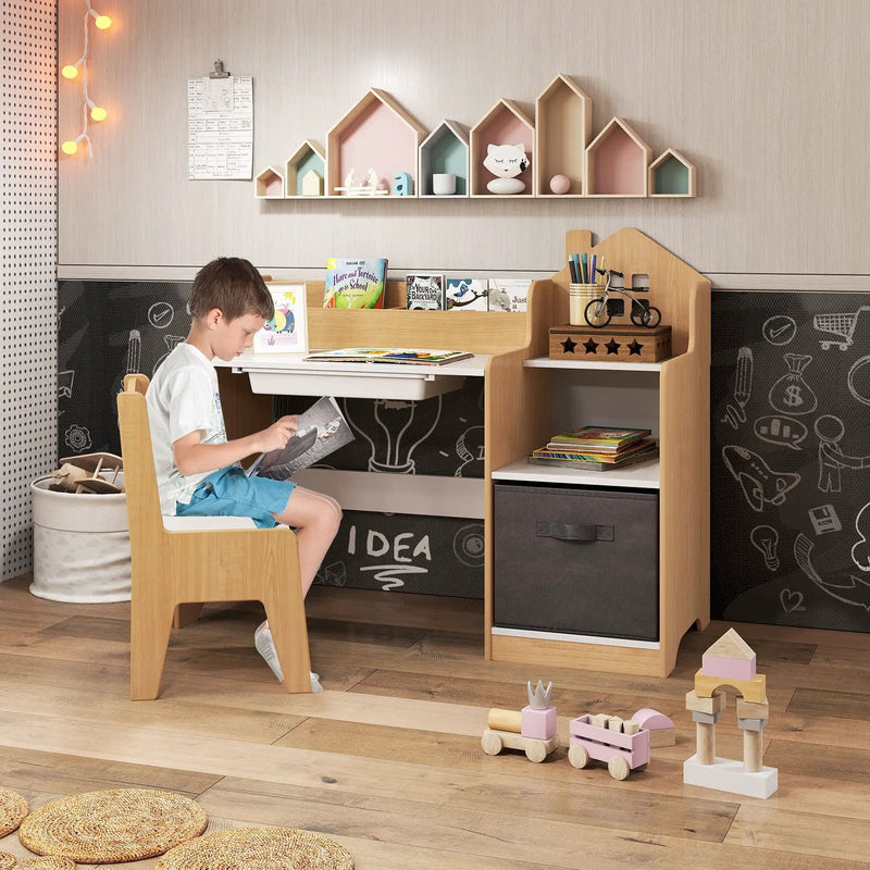 Kids Study Desk and Chair Set with Open Shelves Drawer and Fabric Storage Bin-Natural by DirectDeals