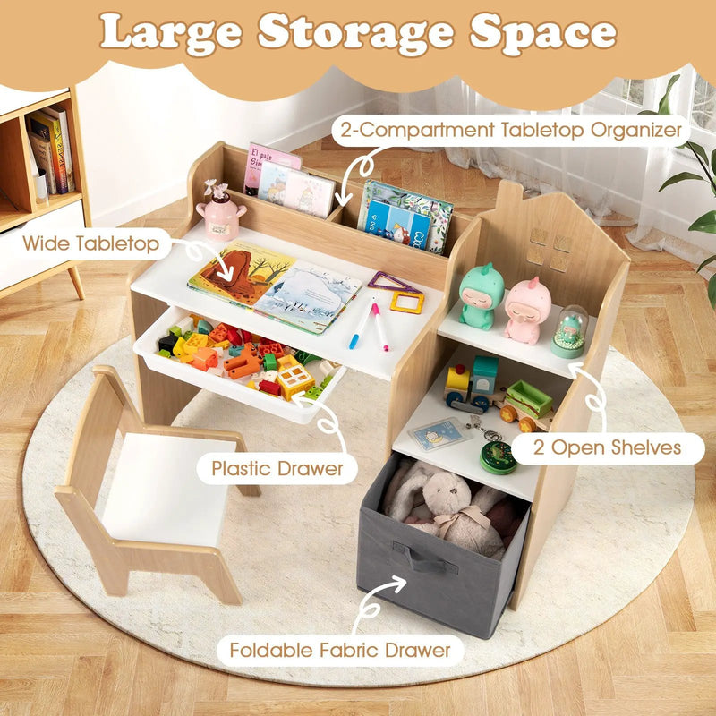 Kids Study Desk and Chair Set with Open Shelves Drawer and Fabric Storage Bin-Natural by DirectDeals