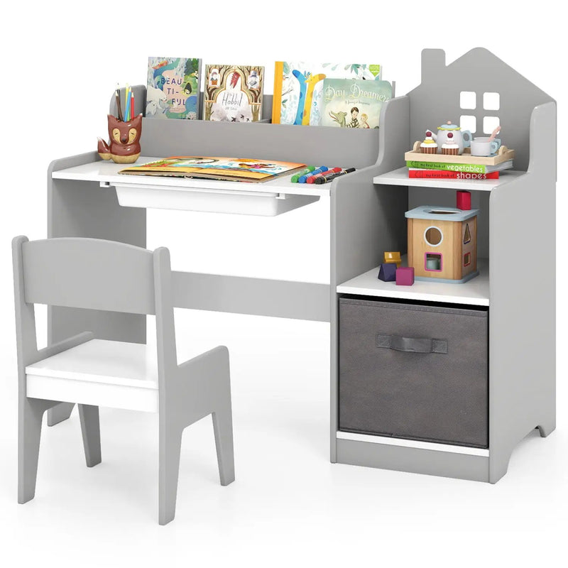 Kids Study Desk and Chair Set with Open Shelves Drawer and Fabric Storage Bin-Natural by DirectDeals