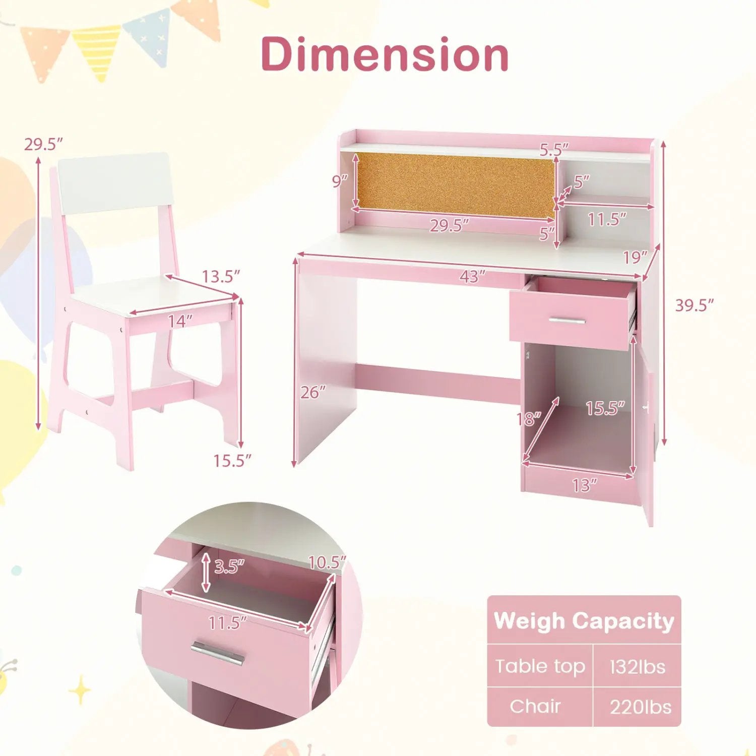 Kids Study Desk and Chair Set with Storage and Bulletin Board by DirectDeals