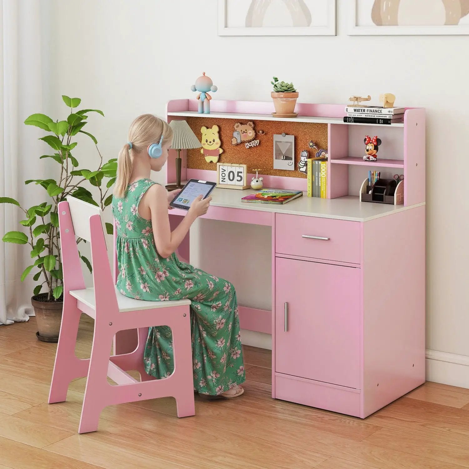 Kids Study Desk and Chair Set with Storage and Bulletin Board by DirectDeals