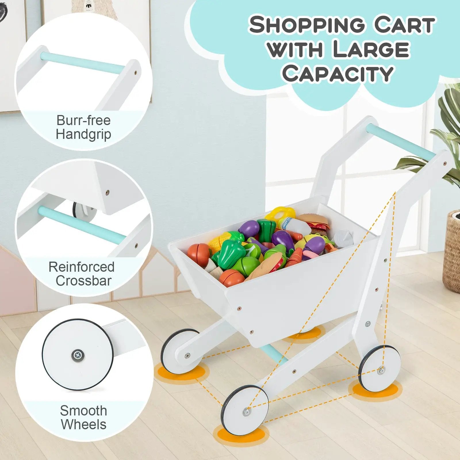 Wooden Kids Supermarket Playset with Cash Register and Shopping Cart-White by DirectDeals