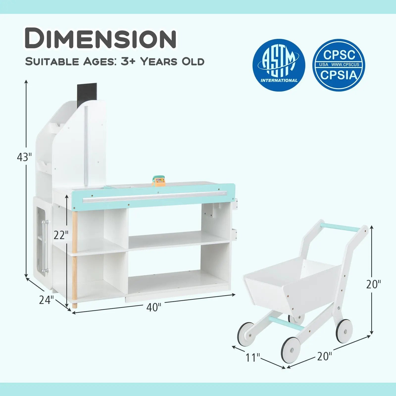 Wooden Kids Supermarket Playset with Cash Register and Shopping Cart-White by DirectDeals