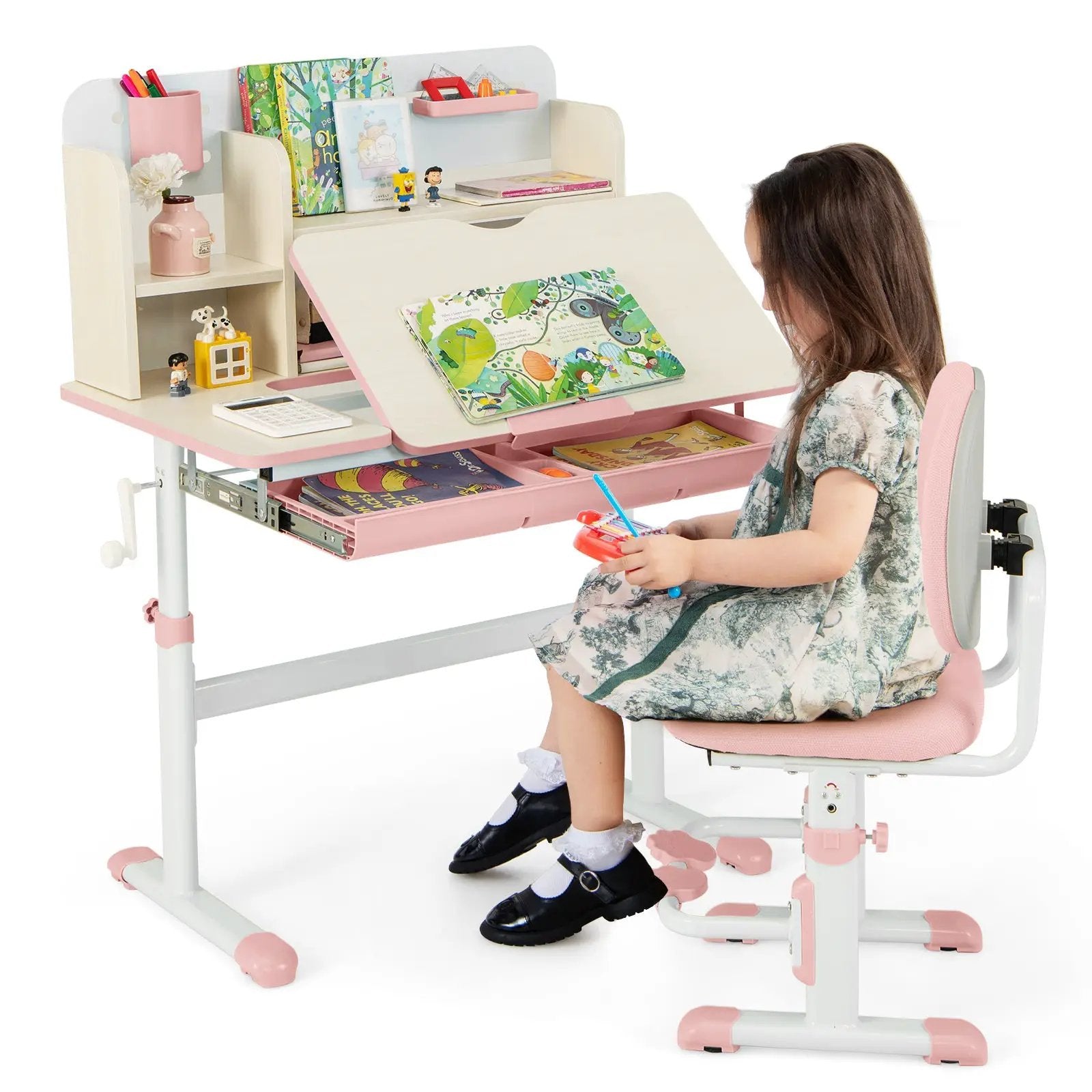 Height Adjustable Children School Home Study Table and Chair Set with Tilted Desktop for 3-12 Years Old by DirectDeals
