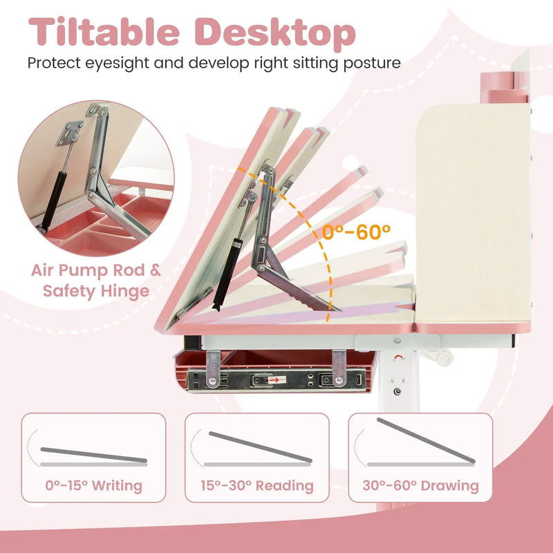 Height Adjustable Children School Home Study Table and Chair Set with Tilted Desktop for 3-12 Years Old by DirectDeals