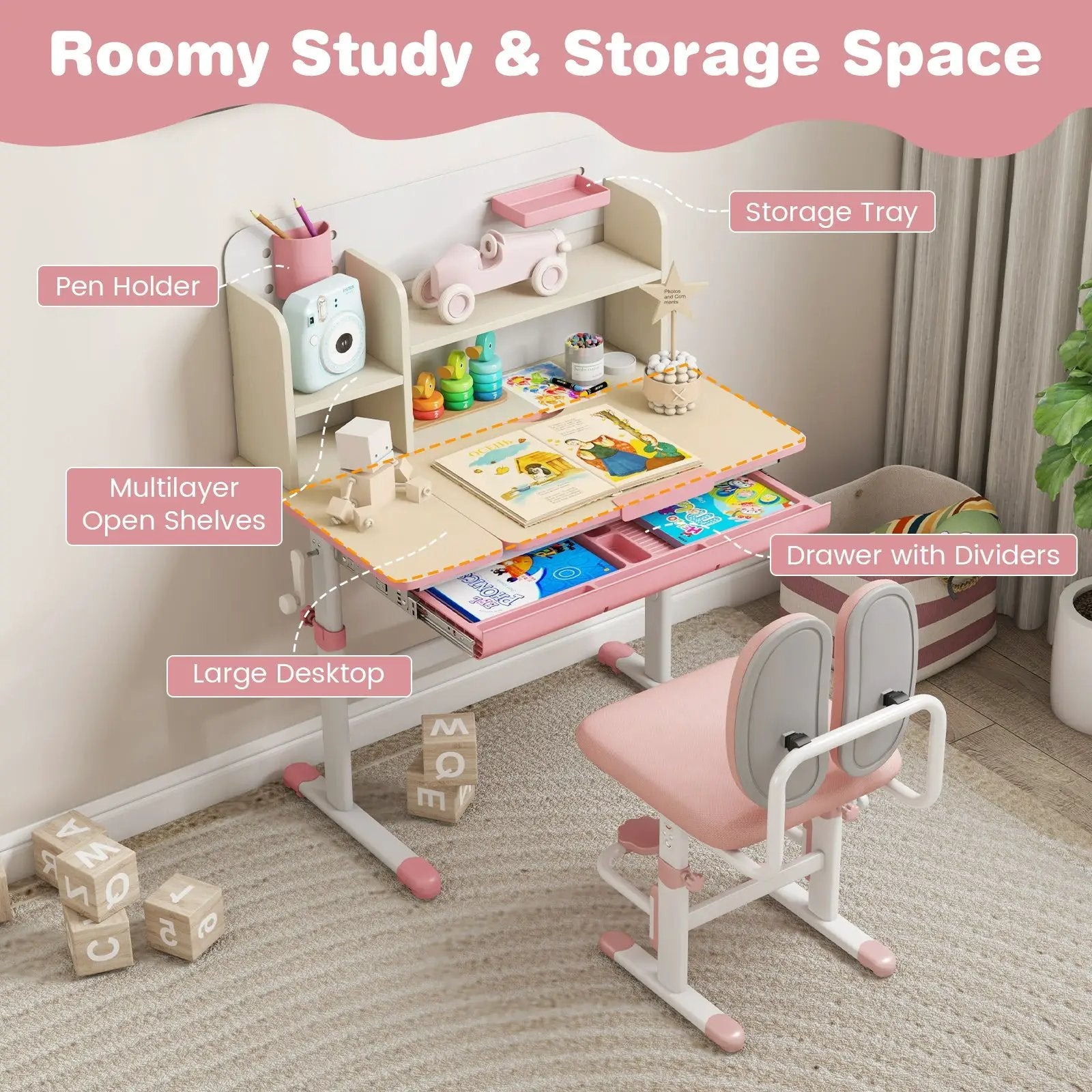 Height Adjustable Children School Home Study Table and Chair Set with Tilted Desktop for 3-12 Years Old by DirectDeals