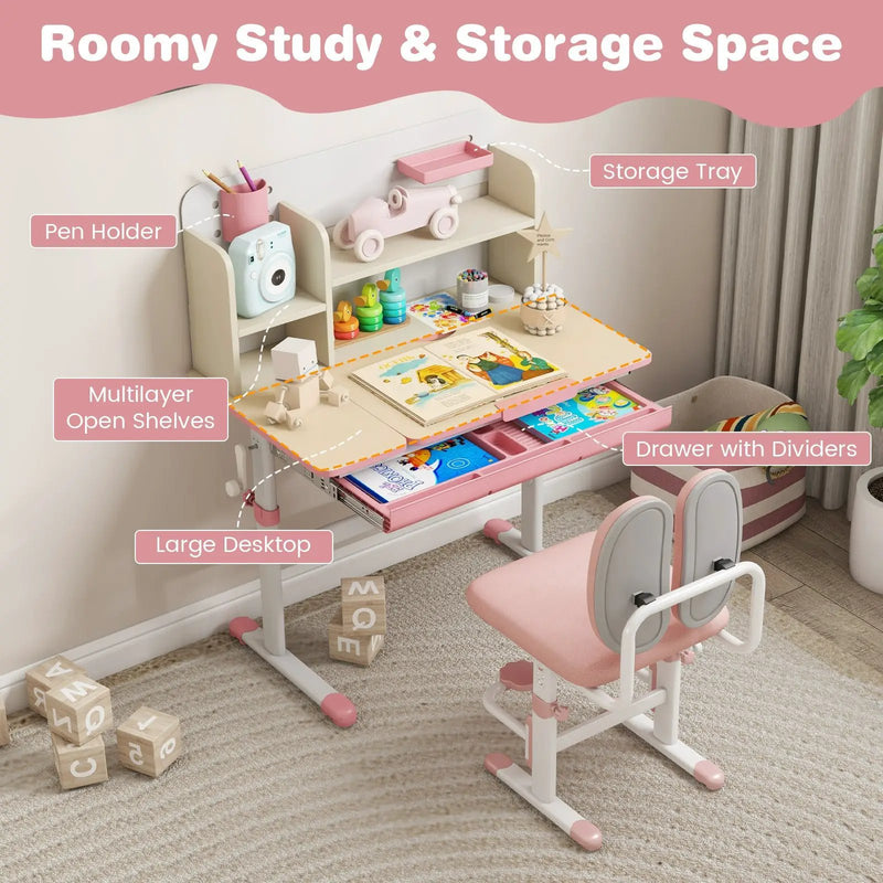 Height Adjustable Children School Home Study Table and Chair Set with Tilted Desktop for 3-12 Years Old by DirectDeals