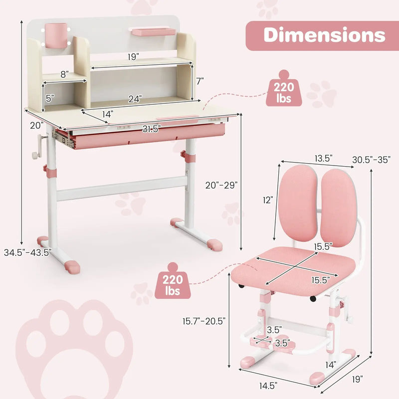 Height Adjustable Children School Home Study Table and Chair Set with Tilted Desktop for 3-12 Years Old by DirectDeals