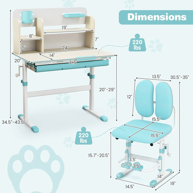 Height Adjustable Children School Home Study Table and Chair Set with Tilted Desktop for 3-12 Years Old by DirectDeals