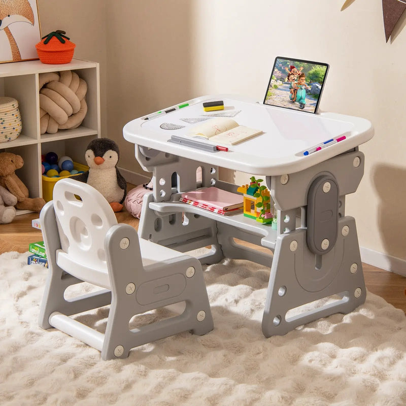 Height Adjustable Kids Table and Chair Set with Tiltable Whiteboard and Concave Shelf by DirectDeals