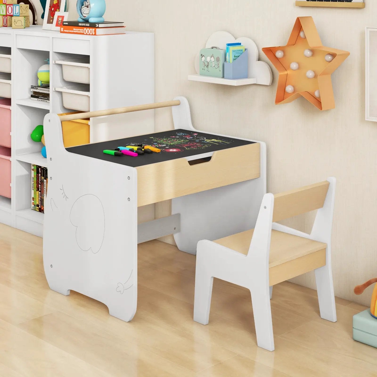 Kids Table and Chair Set with 2 in 1 Detachable Tabletop and Storage-White by DirectDeals