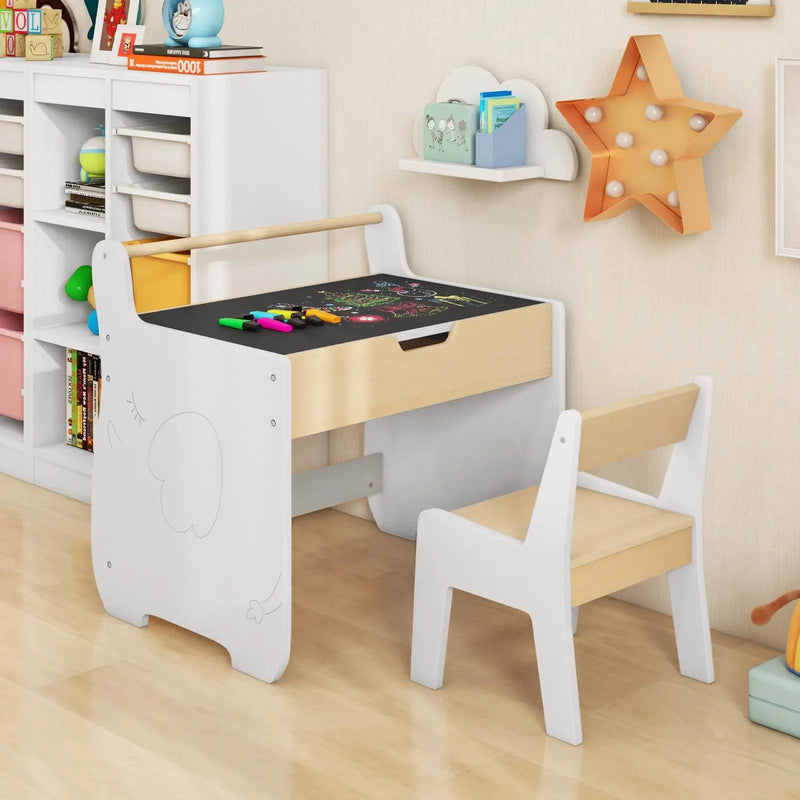 Kids Table and Chair Set with 2 in 1 Detachable Tabletop and Storage-White by DirectDeals