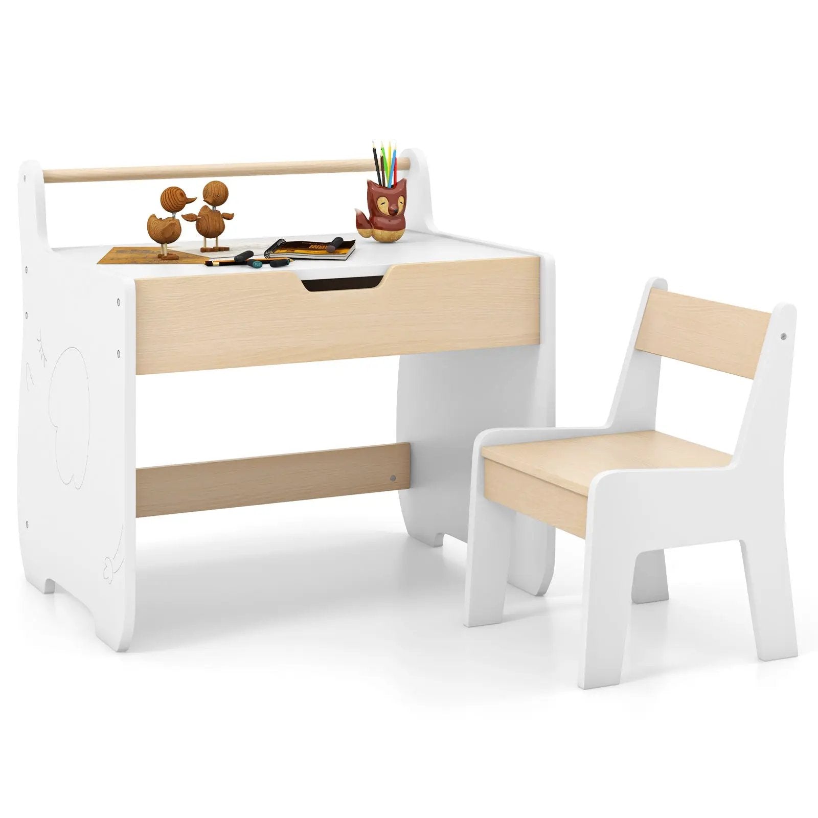 Kids Table and Chair Set with 2 in 1 Detachable Tabletop and Storage-White by DirectDeals