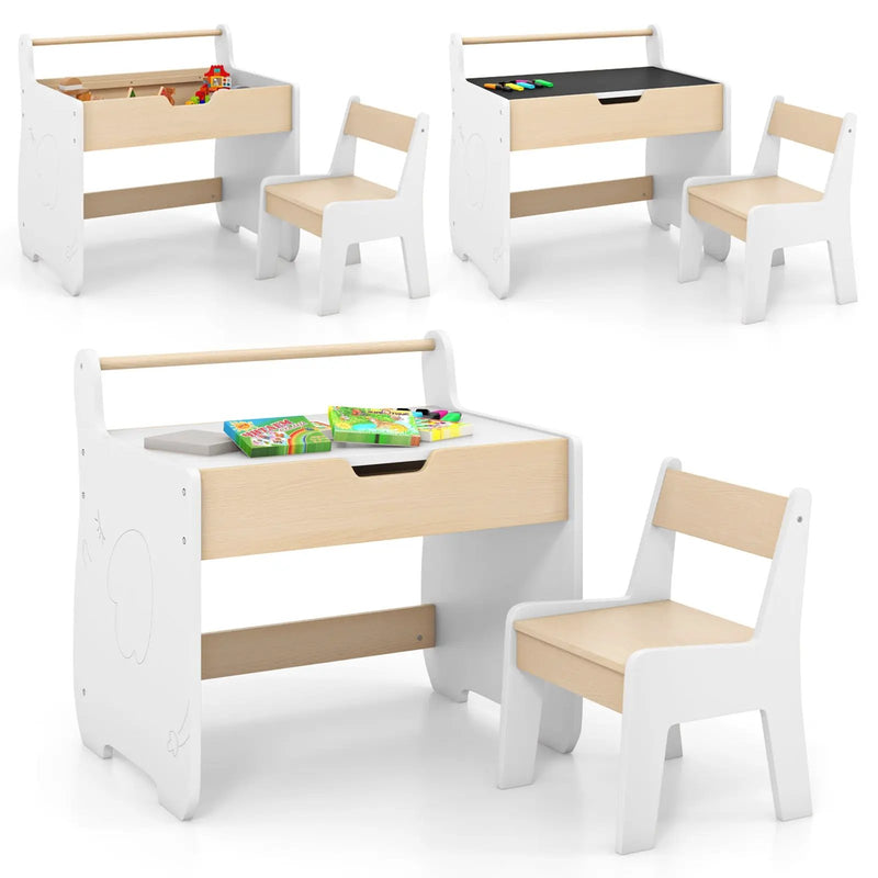 Kids Table and Chair Set with 2 in 1 Detachable Tabletop and Storage-White by DirectDeals