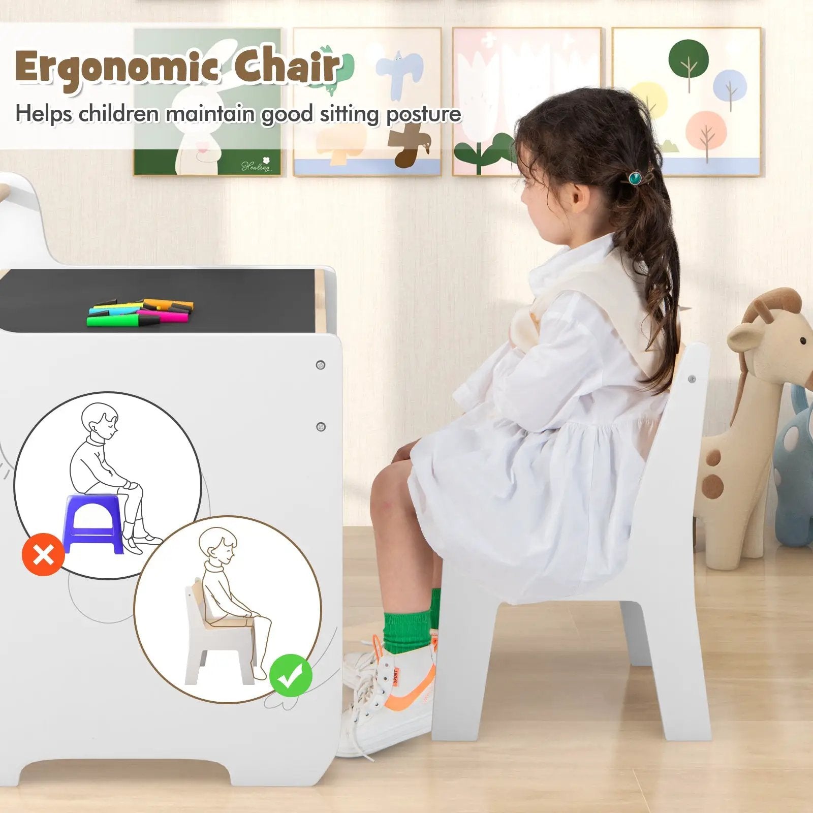 Kids Table and Chair Set with 2 in 1 Detachable Tabletop and Storage-White by DirectDeals