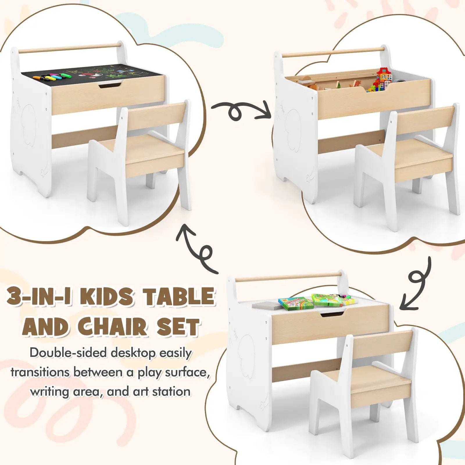 Kids Table and Chair Set with 2 in 1 Detachable Tabletop and Storage-White by DirectDeals