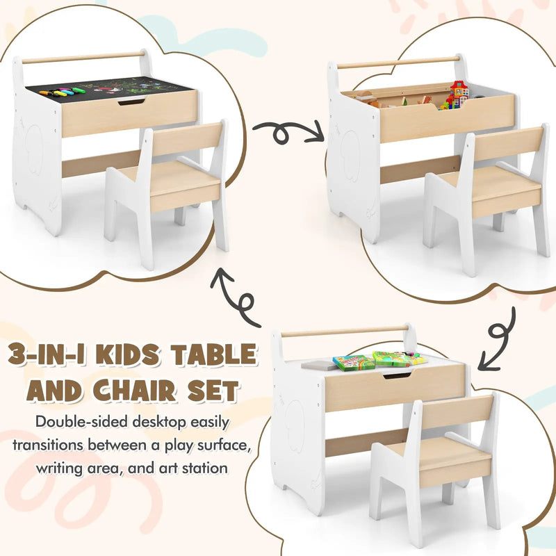 Kids Table and Chair Set with 2 in 1 Detachable Tabletop and Storage-White by DirectDeals