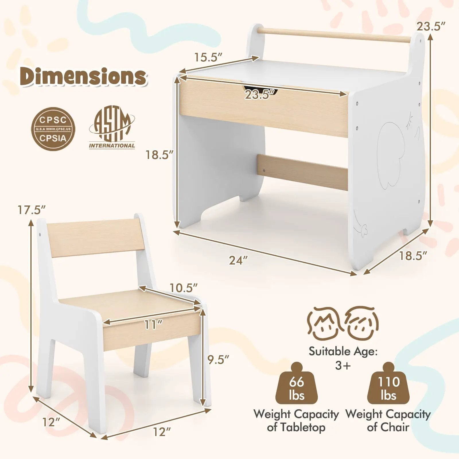 Kids Table and Chair Set with 2 in 1 Detachable Tabletop and Storage-White by DirectDeals