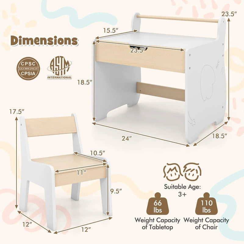 Kids Table and Chair Set with 2 in 1 Detachable Tabletop and Storage-White by DirectDeals
