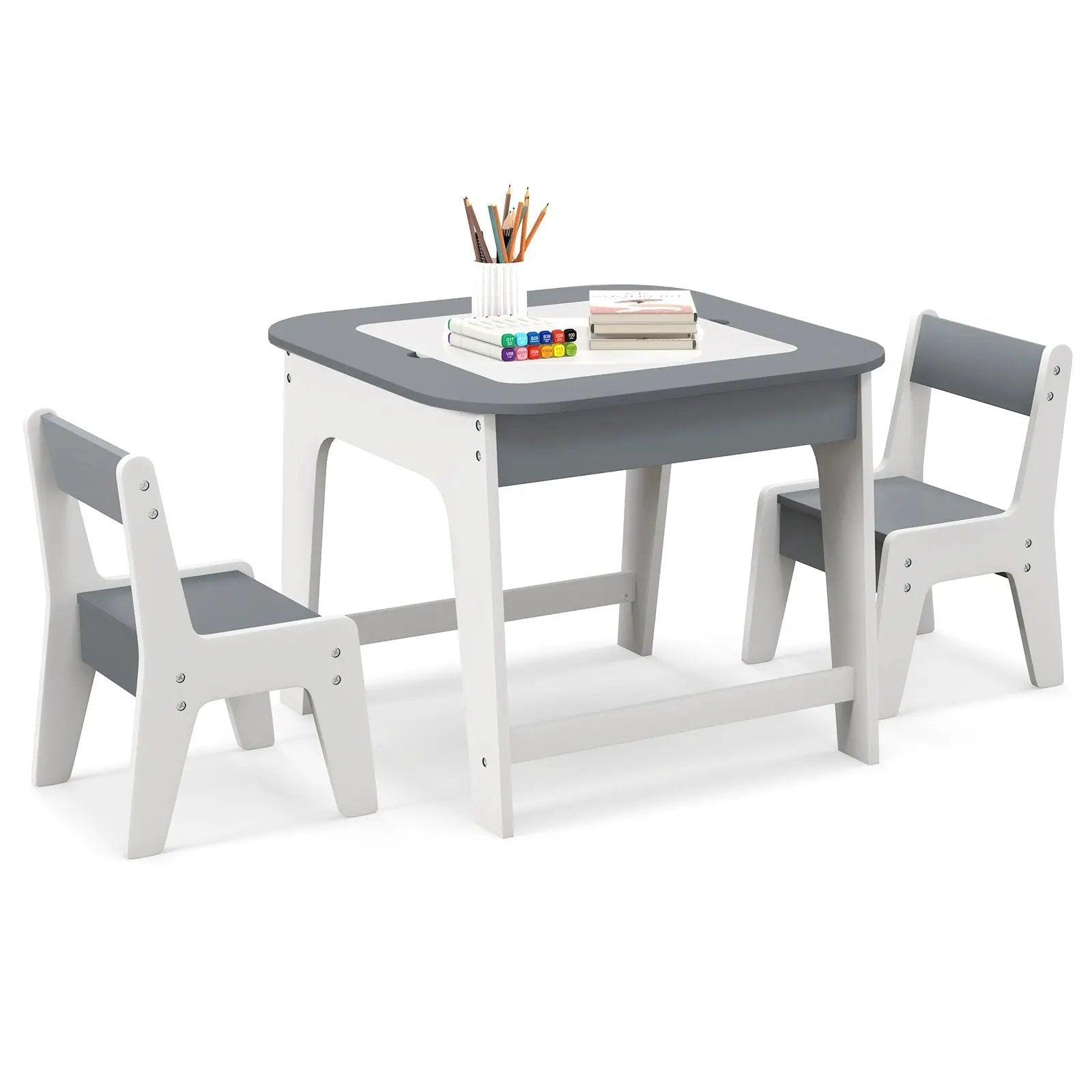 Kid's Table and Chairs Set with Double-sized Tabletop-Gray by DirectDeals