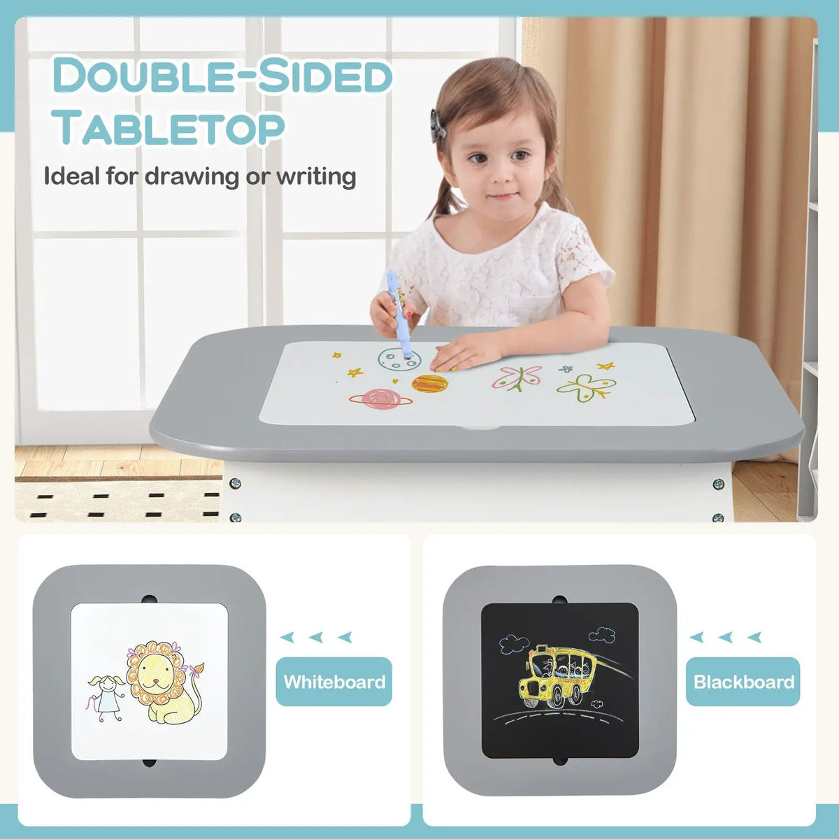 Kid's Table and Chairs Set with Double-sized Tabletop-Gray, photo 6 of 9