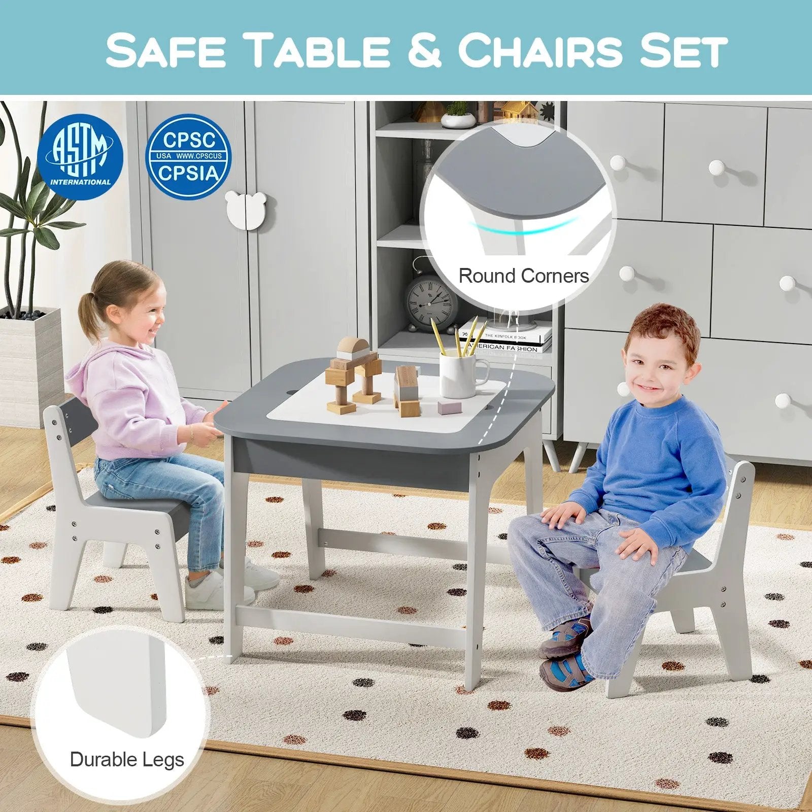 Kid's Table and Chairs Set with Double-sized Tabletop-Gray by DirectDeals