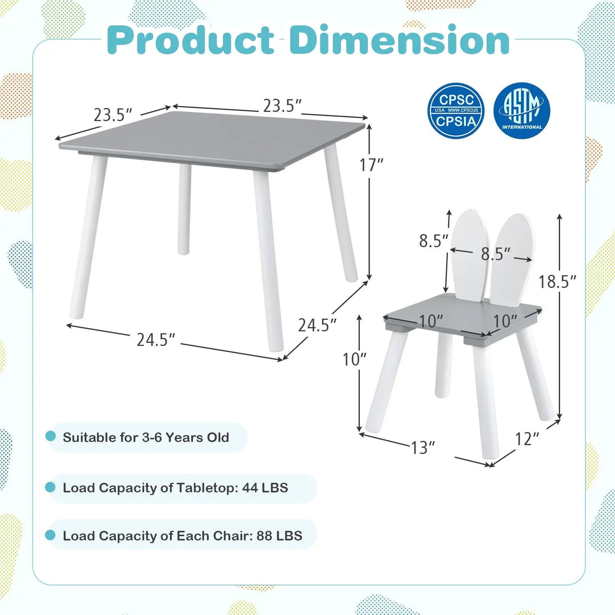 3 Pieces Kids Table and Chairs Set for Arts Crafts Snack Time, photo 5 of 10