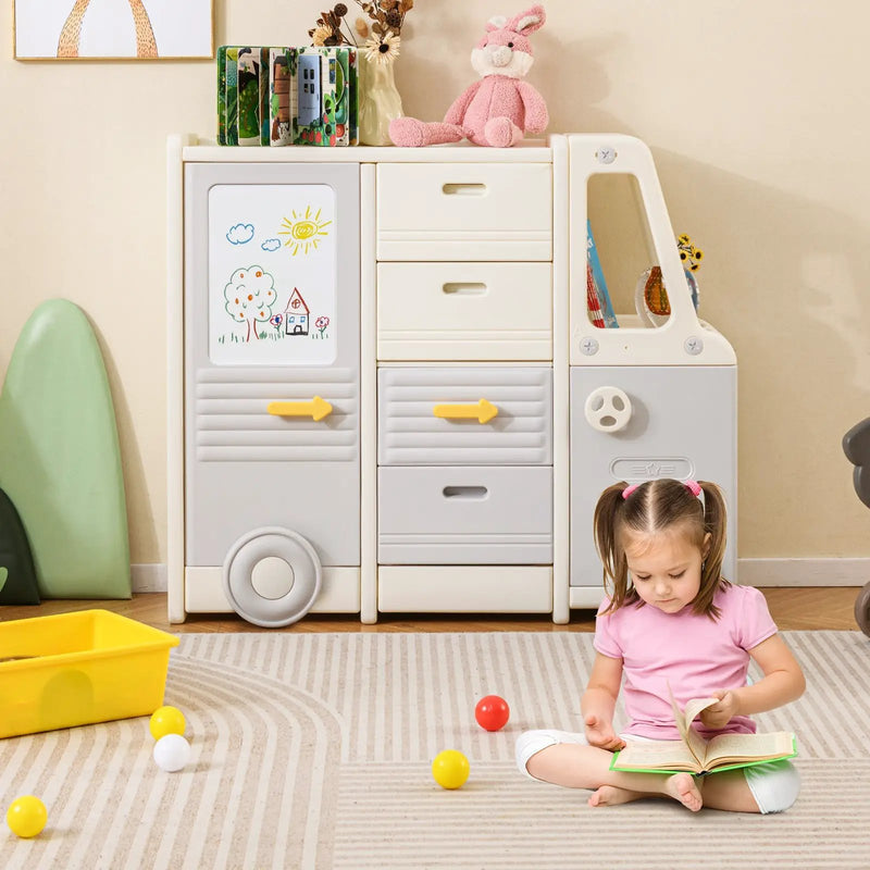 Kids Toy Storage Organizer Bus-shaped Children Cabinet with 4 Pull-out Drawers with Handles-Gray by DirectDeals
