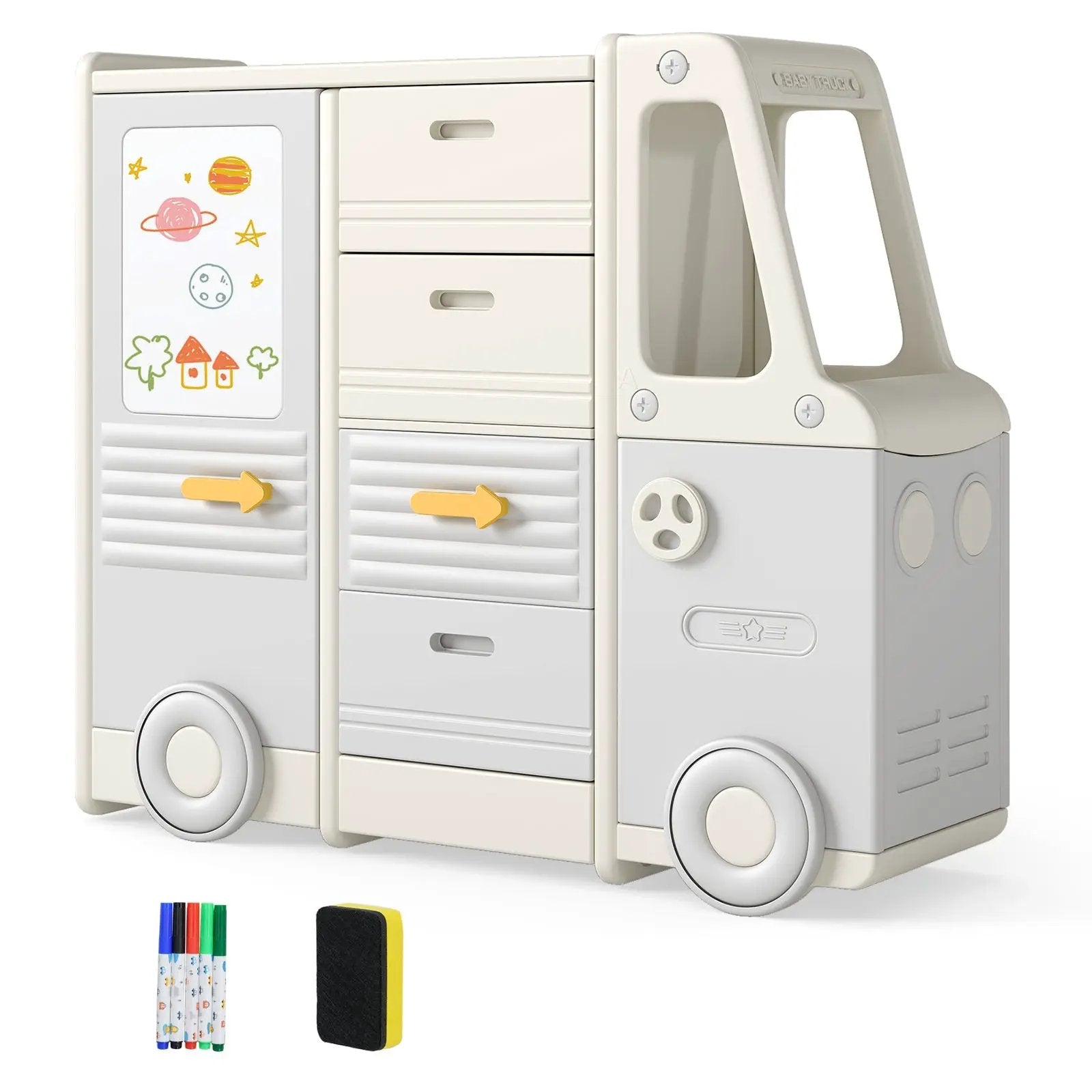 Kids Toy Storage Organizer Bus-shaped Children Cabinet with 4 Pull-out Drawers with Handles-Gray by DirectDeals