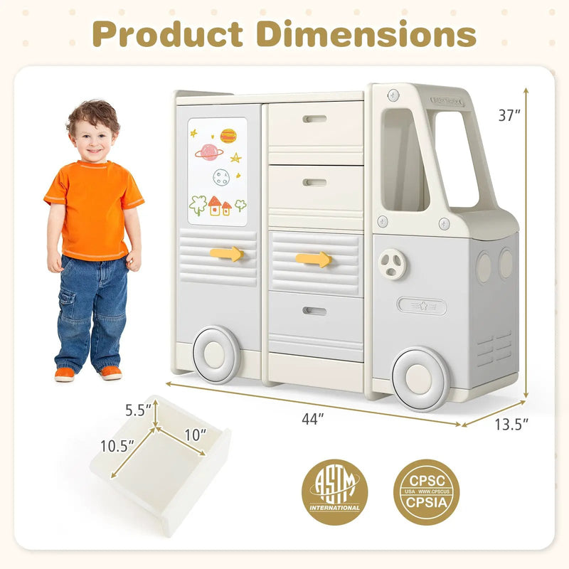 Kids Toy Storage Organizer Bus-shaped Children Cabinet with 4 Pull-out Drawers with Handles-Gray by DirectDeals