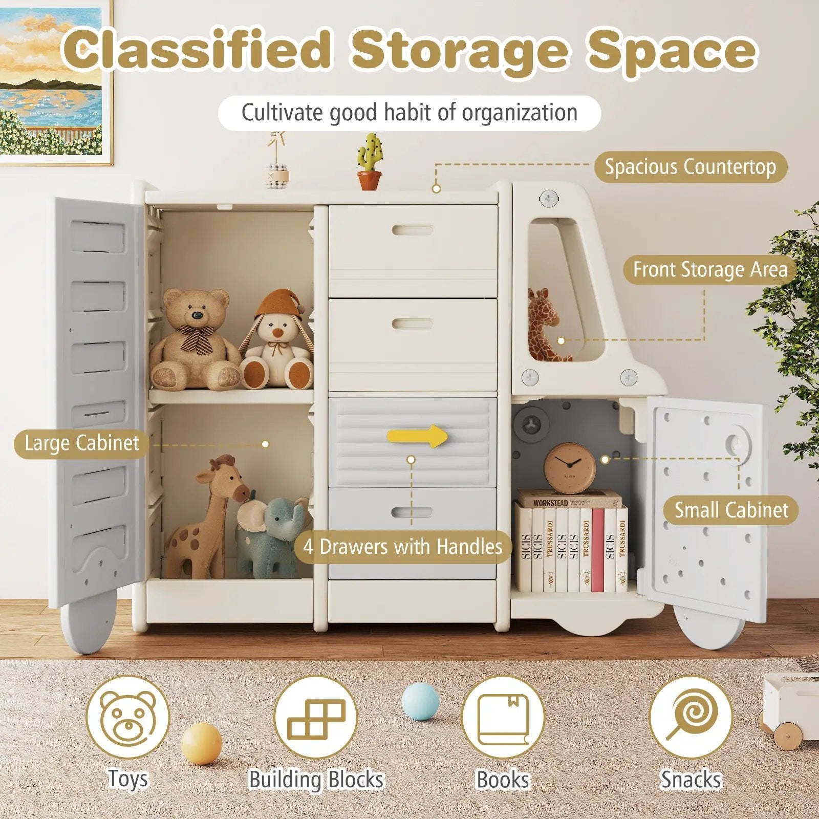 Kids Toy Storage Organizer Bus-shaped Children Cabinet with 4 Pull-out Drawers with Handles-Gray by DirectDeals