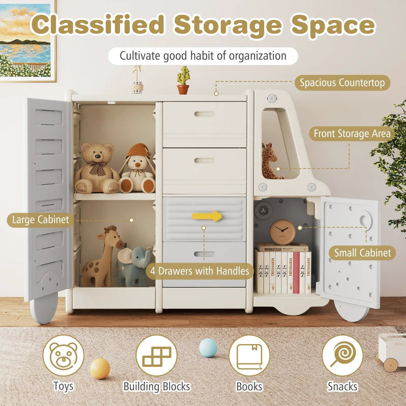 Kids Toy Storage Organizer Bus-shaped Children Cabinet with 4 Pull-out Drawers with Handles-Gray by DirectDeals