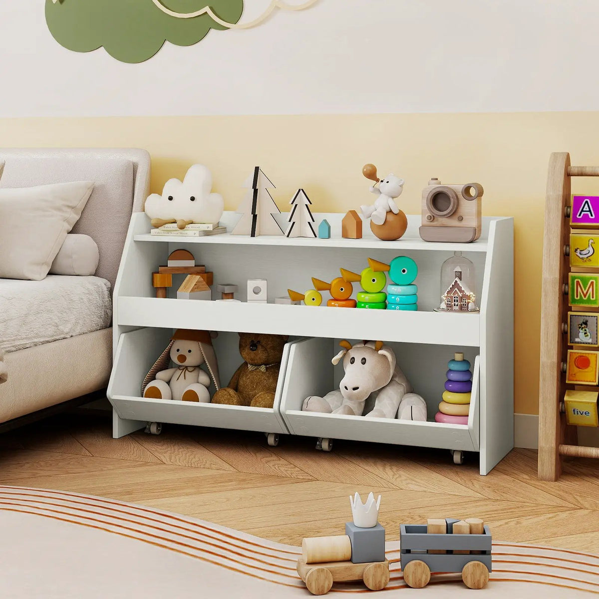 Kids Toy Storage Organizer Wooden Bookcase with 2 Movable Drawers, photo 2 of 16