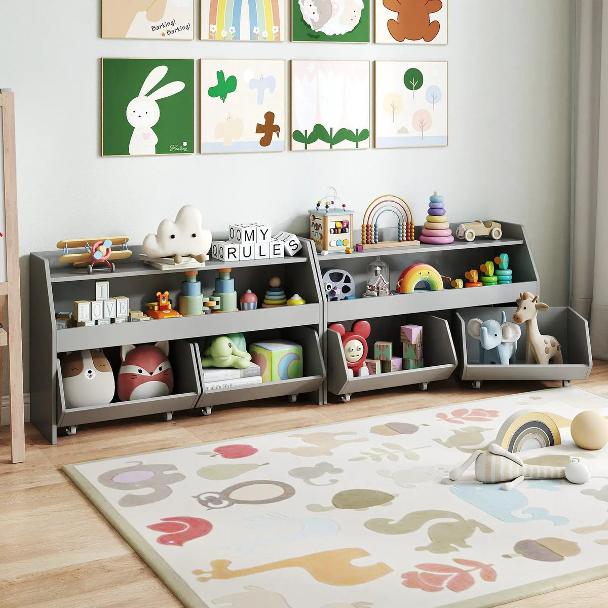 Kids Toy Storage Organizer Wooden Bookcase with 2 Movable Drawers, photo 3 of 16