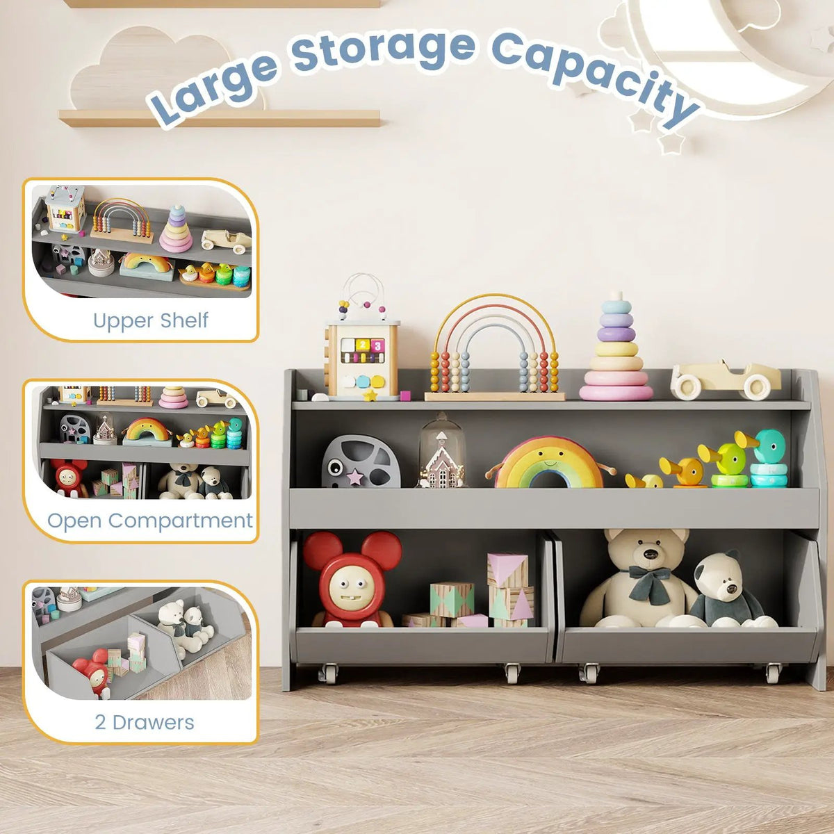 Kids Toy Storage Organizer Wooden Bookcase with 2 Movable Drawers, photo 11 of 16