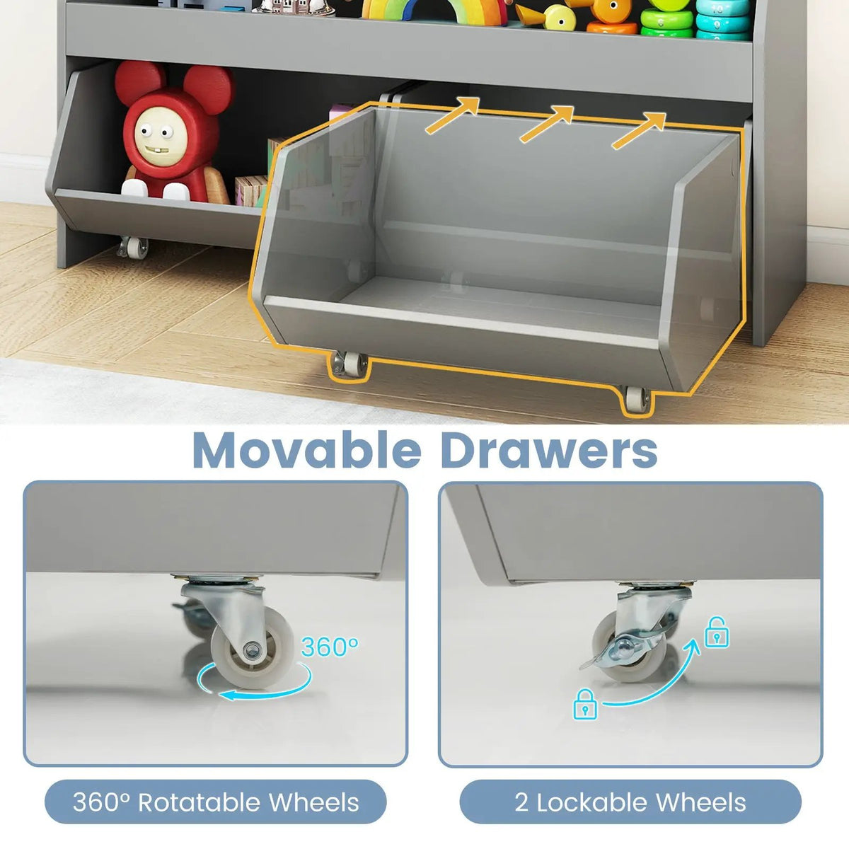 Kids Toy Storage Organizer Wooden Bookcase with 2 Movable Drawers, photo 13 of 16