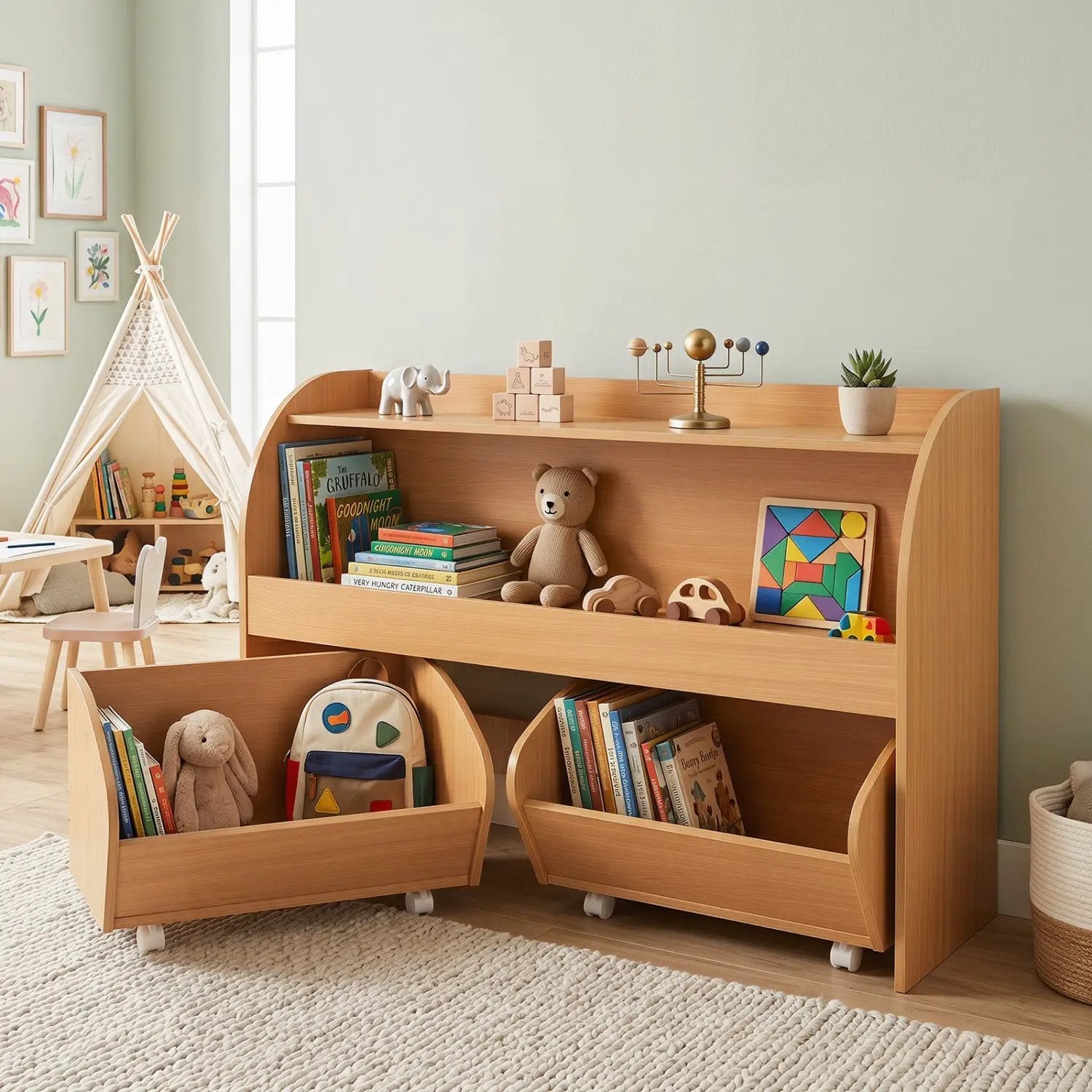 Kids Storage Organizer with Rolling Drawers & Bookshelf by DirectDeals