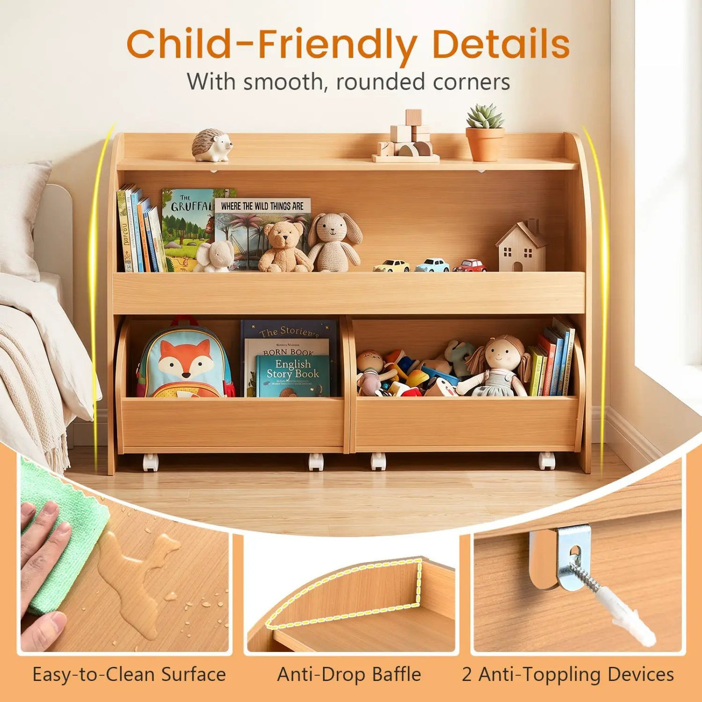 Kids Storage Organizer with Rolling Drawers & Bookshelf by DirectDeals