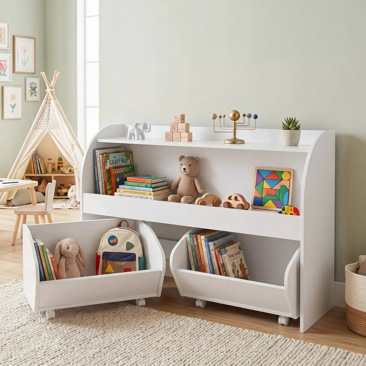 Kids Storage Organizer with Rolling Drawers & Bookshelf by DirectDeals
