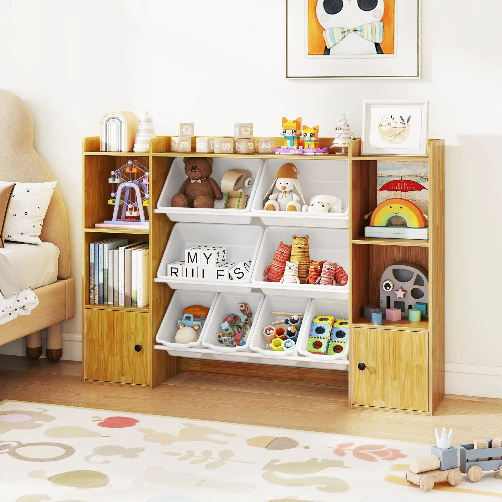 Kids Toy Storage and Bookshelf with Boxes and Open Shelves by DirectDeals