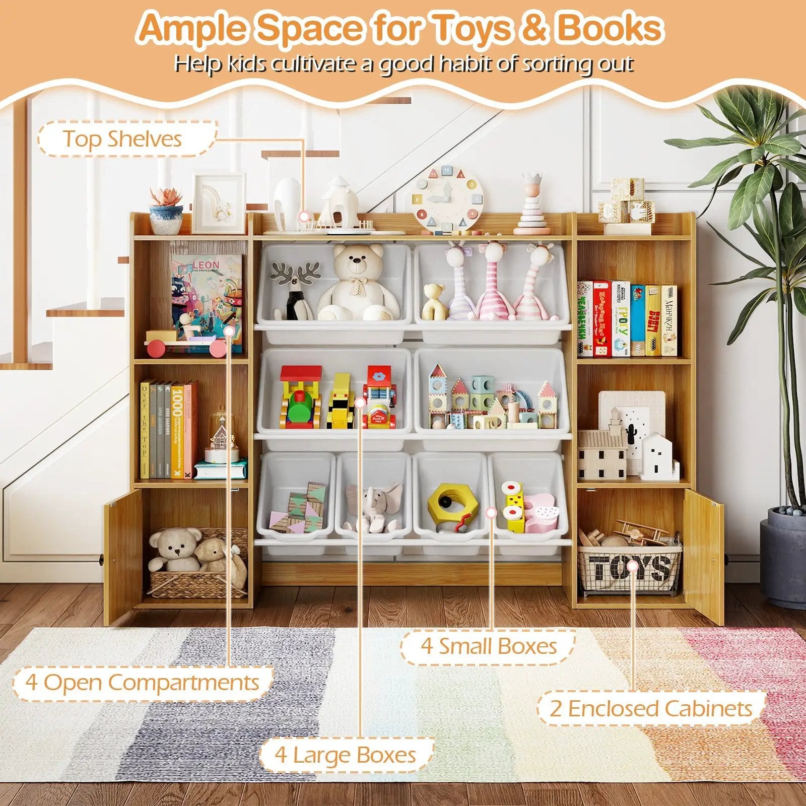 Kids Toy Storage and Bookshelf with Boxes and Open Shelves by DirectDeals