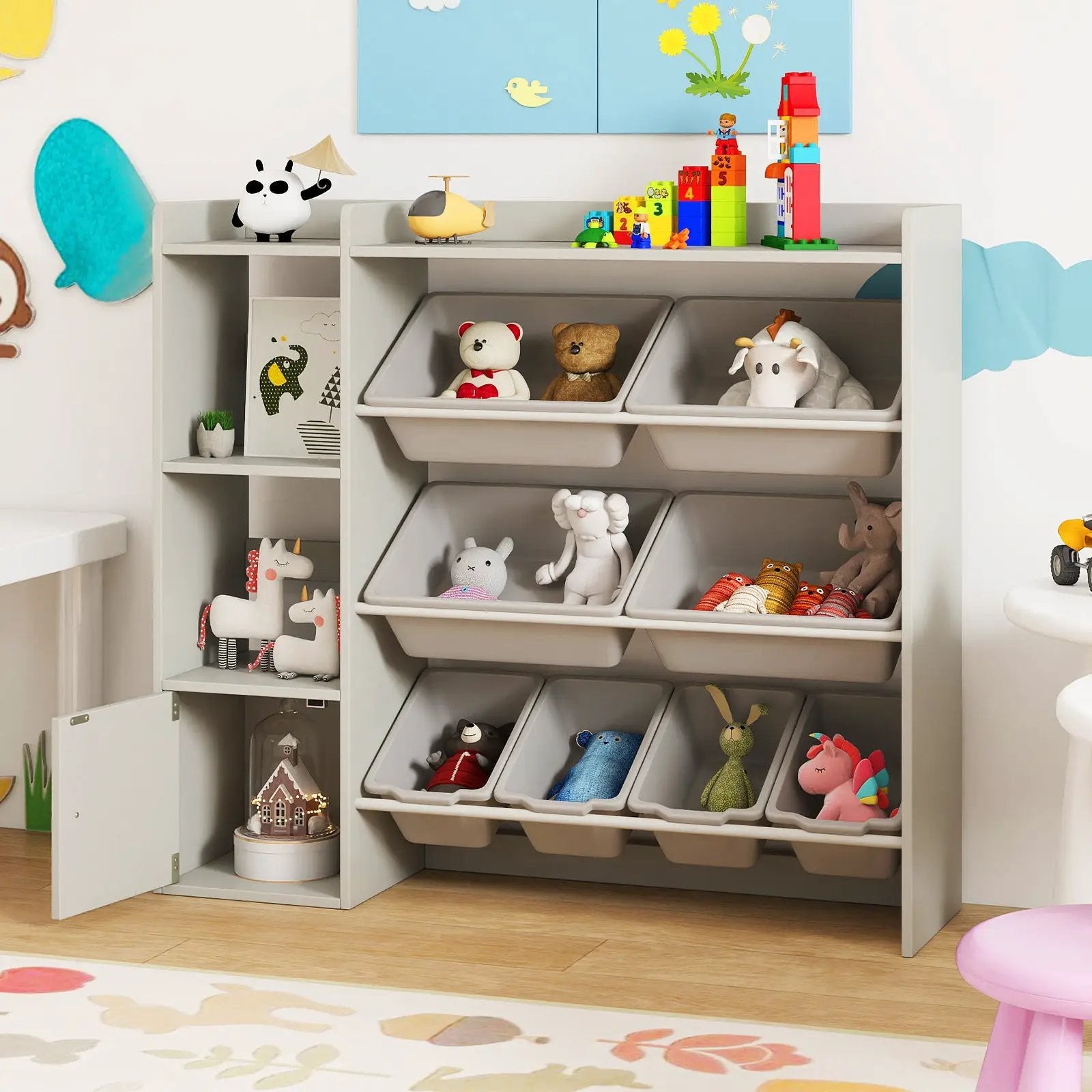 Kids Toy Storage and Bookshelf with Open Shelves and Single-door Cabinet by DirectDeals