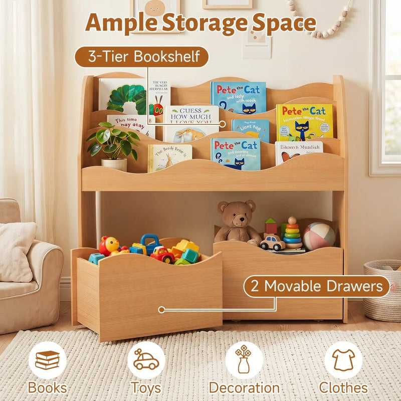 Kids Storage Organizer with Rolling Drawers and Bookshelf by DirectDeals